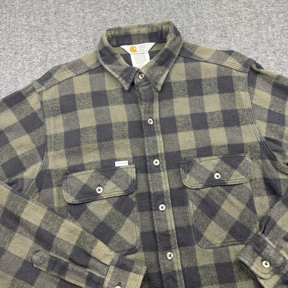 Carhartt Flannel Shirt Mens Medium Green Plaid Made USA Rugged Wear 90s Work Vtg